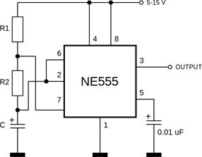 NE555在多谐振荡器模式下运行示意图。 