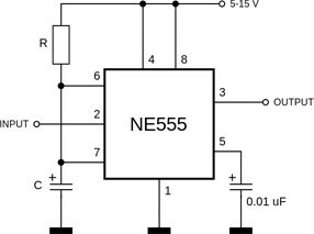 NE555在单振子模式下工作的NE555电路图。 