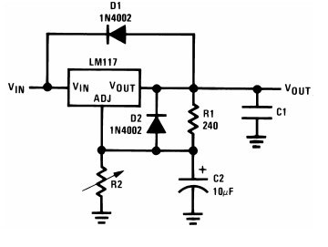 LM317的开关电路有两个二极管D1和D2。 