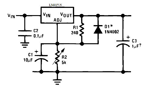 LM317 芯片的开关方案，其中一个电容与可变电阻并联。 